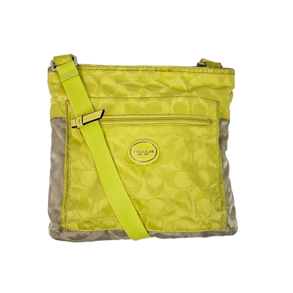 Coach Signature Nylon‎ File Crossbody Purse Khaki & Citrine Women's Handbag - Picture 1 of 10